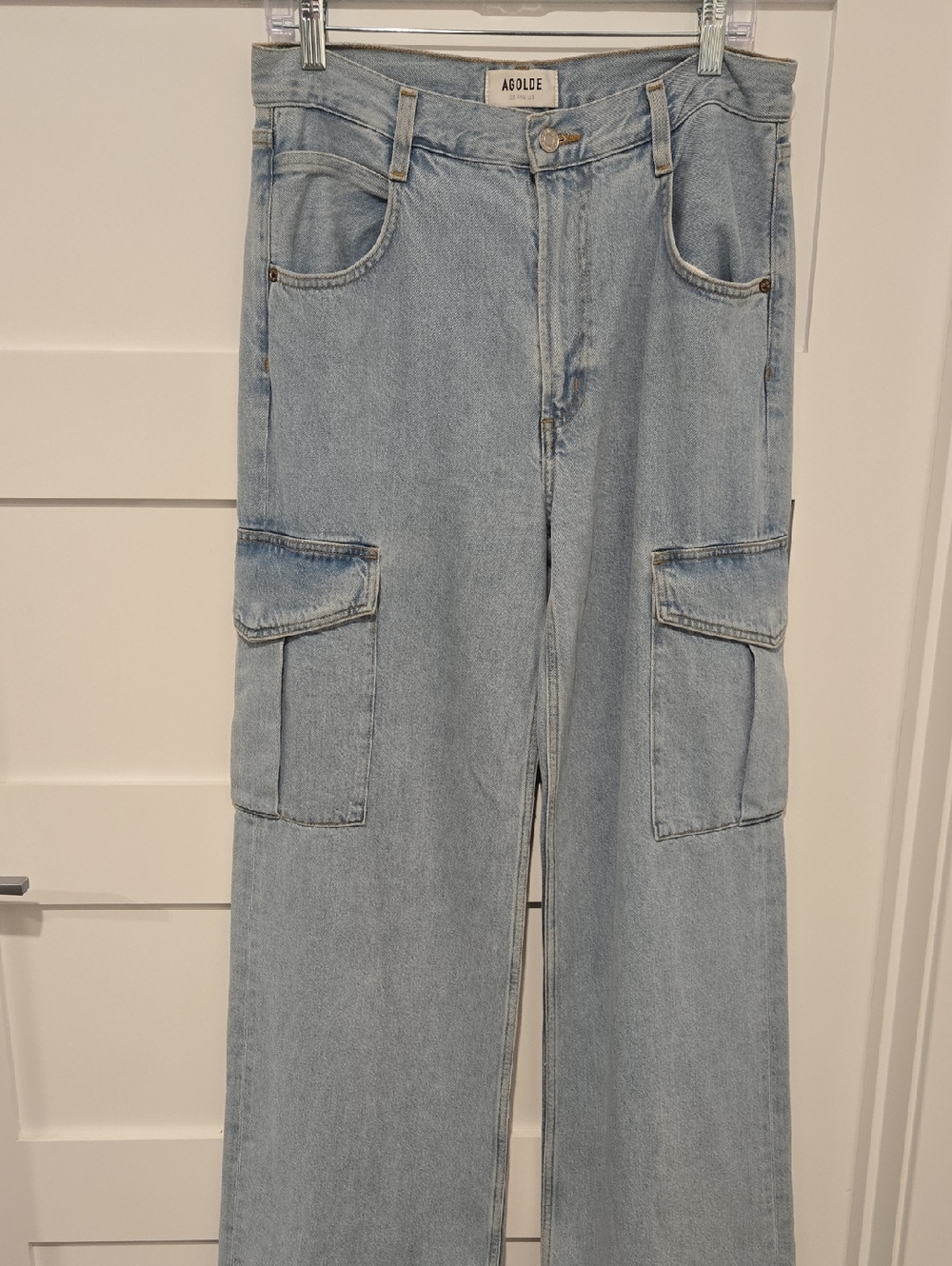 Agolde Light Blue Wide Leg Cargo Jeans with Flap Pockets